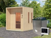 Karibu Saunahaus Arcadia, natur, 73 mm -inkl. 9 kW Ofen ext. Steuerung