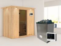 Karibu Sauna Variado- moderne Saunatür- 4,5 kW Ofen ext. Strg- mit Dachkranz