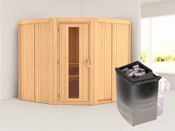 Karibu Sauna Jarin inkl. 9-kW-Ofen mit interner Steuerung, ohne Dachkranz, mit energiesparender Saunatür