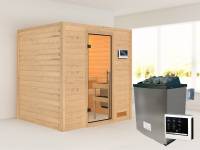 Karibu Sauna Anja inkl. 9 kW Ofen ext. Steuerung mit Klarglas Saunatür -ohne Dachkranz-