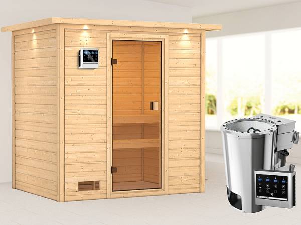 Karibu Sauna Selena mit 3,6 kW Bioofen ext. Strg und Dachkranz 38 mm