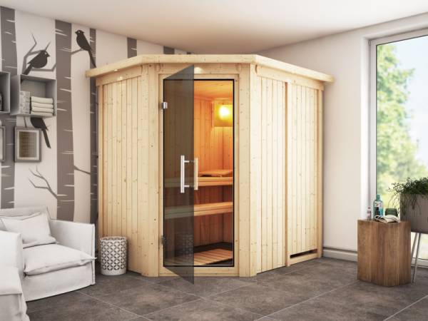 Saja - Karibu Sauna Plug & Play ohne Ofen - mit Dachkranz - Moderne Saunatür