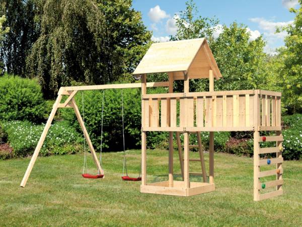Akubi Spielturm Lotti Satteldach + Doppelschaukel + Anbauplattform XL + Kletterwand Akubi Spielturm Lotti Satteldach + Doppelschaukel + Anbauplattform XL + Kletterwand