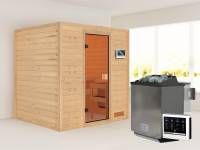 Karibu Sauna Adelina inkl. 9 kW Bioofen ext. Steuerung mit klassischer Saunatür -ohne Dachkranz-