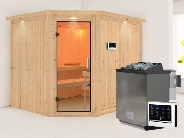 Karibu Sauna Malin inkl. 9 kW Bio Ofen mit ext. Steuerung, mit Dachkranz, mit Klarglas Ganzglastür