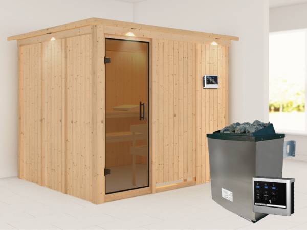 Karibu Sauna Gobin inkl. 9-kW-Ofen mit externer Steuerung, mit Dachkranz, mit moderner Saunatür