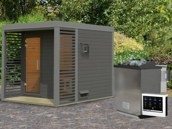 Karibu Hybrid Saunahaus Ares 2, terragrau/staubgrau -inkl. 9 kW Bioofen ext. Steuerung-