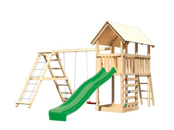 Akubi Spielturm Danny Satteldach + Rutsche grün + Doppelschaukelanbau Klettergerüst + Kletterwand