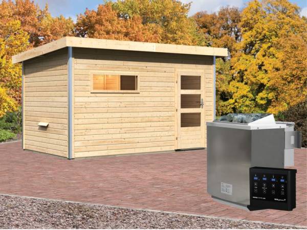 Karibu Aktionssaunahaus Erik 3 38 mm mit 9 kW BIO-Ofen ext. Strg. naturbelassen Karibu Aktionssaunahaus Erik 3 38 mm mit 9 kW BIO-Ofen ext. Strg. naturbelassen