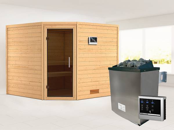 Karibu Sauna Leona 38 mm ohne Dachkranz- 9 kW Ofen ext. Strg- moderne Tür