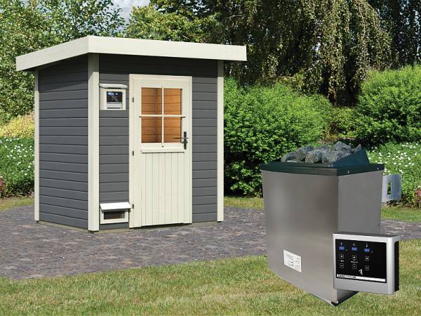 Karibu Saunahaus Jana terragrau- 38 mm- 9 kW Ofen ext. Strg