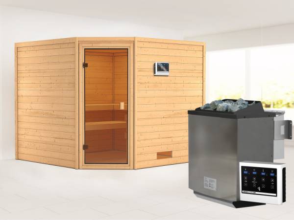 Karibu Sauna Leona 38 mm ohne Dachkranz- 9 kW Bioofen ext. Strg