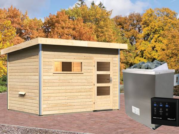 Karibu Aktionssaunahaus Erik 2 38 mm mit 9 kW Ofen ext. Strg. naturbelassen Karibu Aktionssaunahaus Erik 2 38 mm mit 9 kW Ofen ext. Strg. naturbelassen