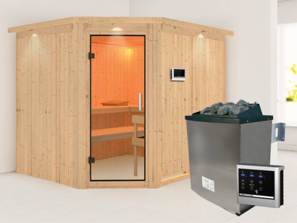 Karibu Sauna Malin inkl. 9 kW Ofen mit ext. Steuerung, ohne Dachkranz, mit Klarglas Ganzglastür