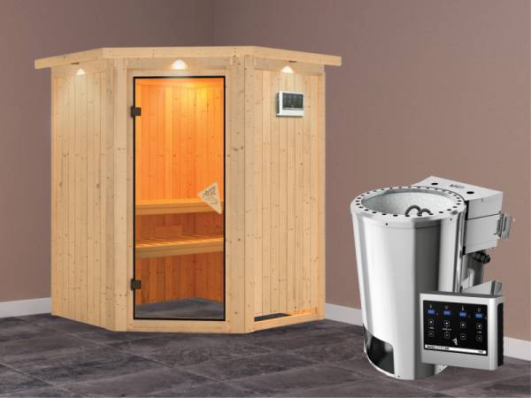 Nanja - Karibu Sauna Plug &amp; Play inkl. 3,6 kW-Bioofen - mit Dachkranz -