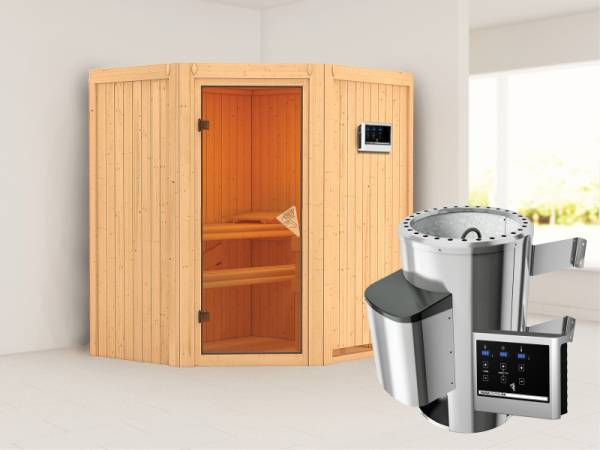 Tonja - Karibu Sauna Plug & Play inkl. 3,6 kW-Ofen ext. Steuerung - ohne Dachkranz -
