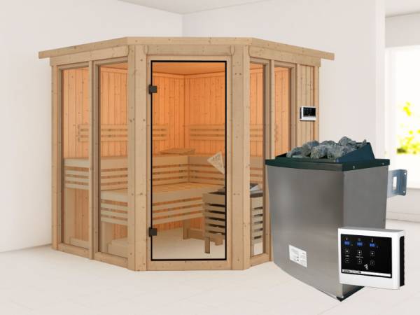 Karibu Sauna Airi, inkl. 9 kW Ofen ext. Steuerung - mit Dachkranz - Karibu Sauna Airi, inkl. 9 kW Ofen ext. Steuerung - mit Dachkranz -