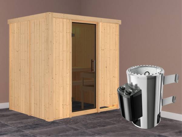 Fanja - Karibu Sauna Plug &amp; Play 3,6 kW Ofen, int. Steuerung - ohne Dachkranz - Moderne Saunatür