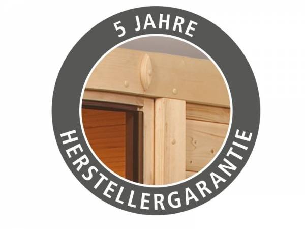 Karibu Woodfeeling Sauna Sonja - Moderne Saunatür - 4,5 kW Ofen ext. Strg. - mit Dachkranz