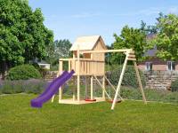 Akubi Stelzenhaus Frieda + Rutsche violett + Doppelschaukel + Netzrampe