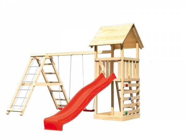 Akubi Spielturm Lotti- Doppelschaukel mit Klettergerüst, Kletterwand und Rutsche in rot