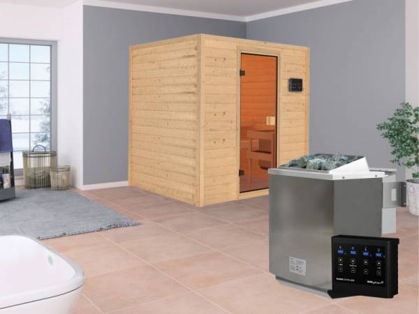 Karibu Aktionssauna Ari mit 4,5 kW BIO-Ofen ext. Strg. ohne Dachkranz Karibu Aktionssauna Ari mit 4,5 kW BIO-Ofen ext. Strg. ohne Dachkranz