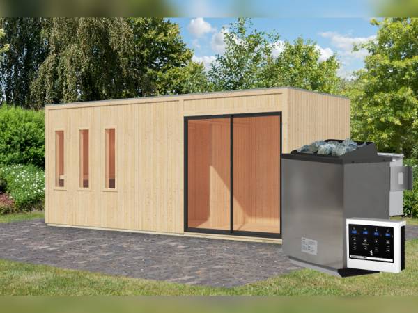 Karibu Saunahaus Monterey, natur, inkl. 9 kW Bioofen ext. Steuerung, mit Séparée im Vorraum, 73 mm