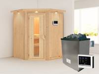 Karibu Sauna Larin- energiesparende Saunatür- 4,5 kW Ofen ext. Strg- mit Dachkranz