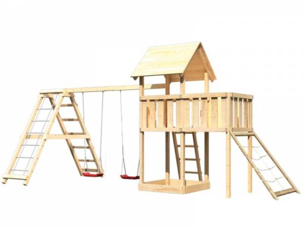 Akubi Spielturm Lotti natur- Anbauplattform- Doppelschaukel inkl. Klettergerüst- Netzrampe
