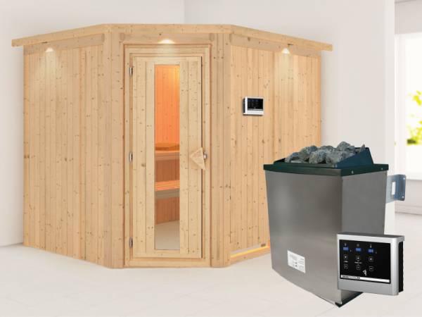 Karibu Sauna Malin inkl. 9-kW-Ofen mit externer Steuerung, mit Dachkranz, mit energiesparender Saunatür