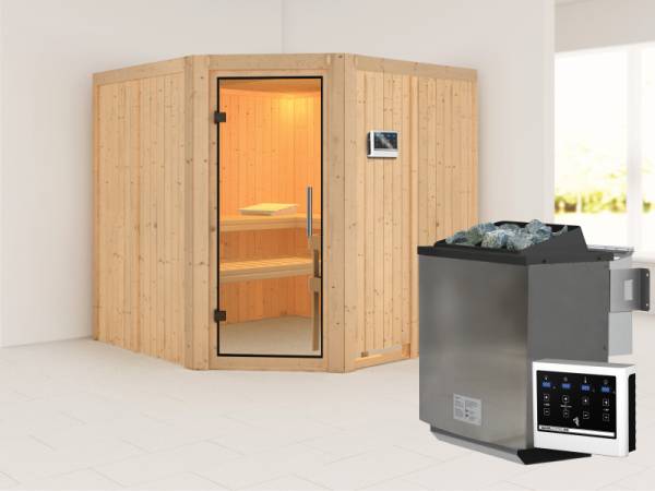 Karibu Sauna Jarin inkl. 9 kW Bio Ofen mit ext. Steuerung, ohne Dachkranz, mit Ganzglas Klarglastür