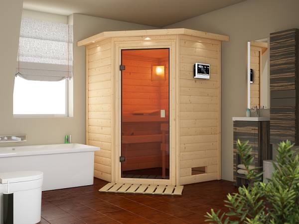 Karibu Woodfeeling Sauna Franka - Classic Saunatür - 4,5 kW BIO-Ofen ext. Strg - mit Dachkranz