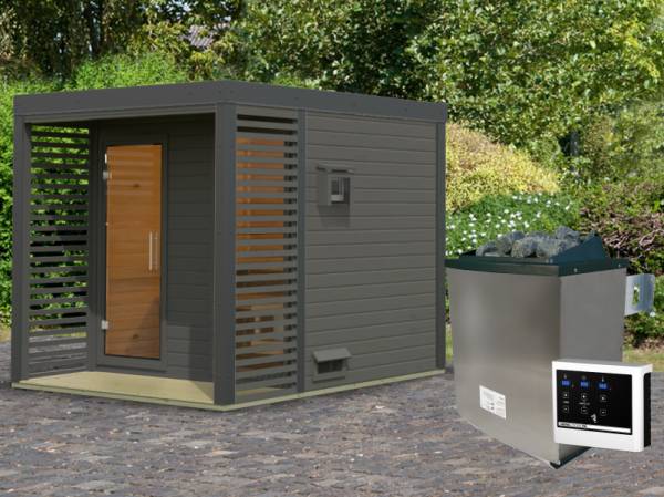 Karibu Hybrid Saunahaus Ares 2, terragrau/anthrazit -inkl. 9 kW Ofen ext. Steuerung-