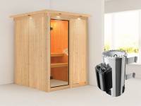 Minja - Karibu Sauna Plug & Play inkl. 3,6 kW-Ofen - mit Dachkranz -