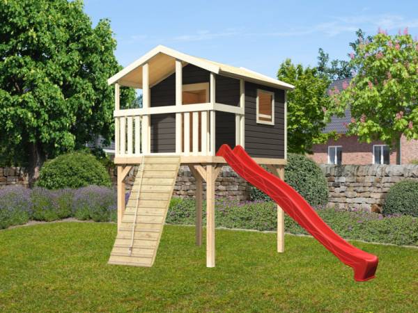 Akubi Stelzenhaus Benjamin terragrau + Rutsche rot + Holzrampe Akubi Stelzenhaus Benjamin terragrau + Rutsche rot + Holzrampe