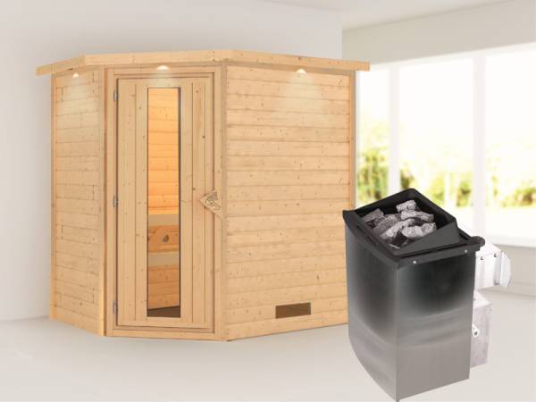 Karibu Sauna Svea inkl. 9 kW Ofen integr. Steuerung mit energiesparender Tür -mit Dachkranz-