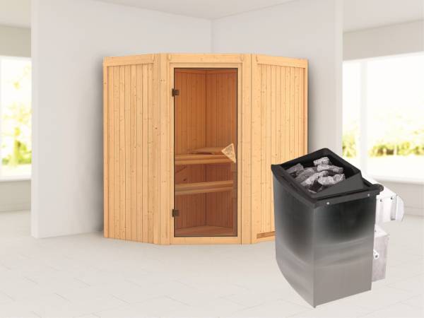Karibu Sauna Taurin inkl. 9 kW Ofen integr. Steuerung, mit bronzierter Ganzglastür - ohne Dachkranz -