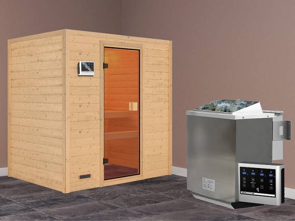 Karibu Woodfeeling Sauna Sonja - Classic Saunatür - 4,5 kW BIO-Ofen ext. Strg. - ohne Dachkranz