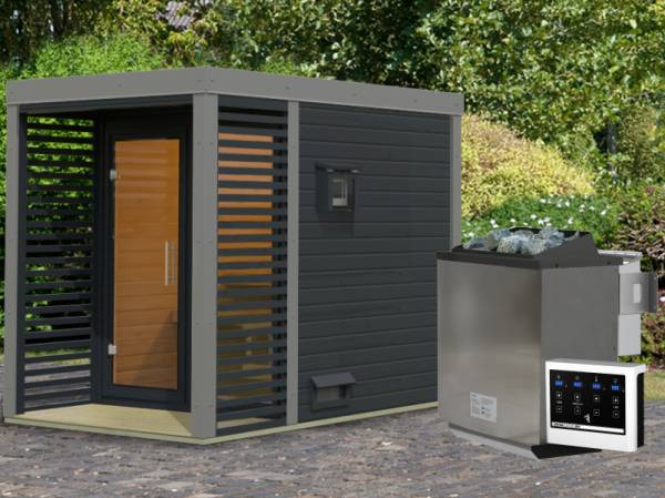 Karibu Hybrid Saunahaus Ares 1, anthrazit/staubgrau-inkl. 9 kW Bioofen ext. Steuerung-