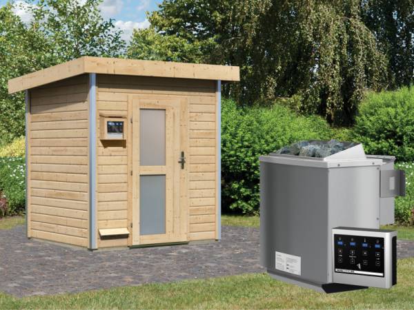 Karibu 38 mm Saunahaus Jorgen - 9 kW Bio Ofen, ext. Steuerung - Milchglastür Karibu 38 mm Saunahaus Jorgen - 9 kW Bio Ofen, ext. Steuerung - Milchglastür