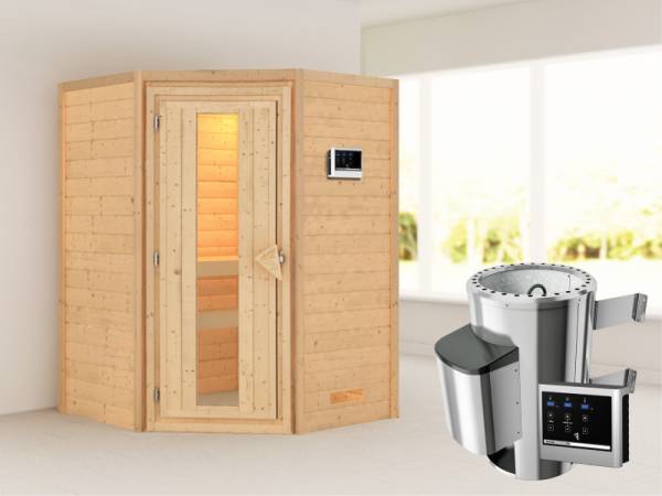 Alicja - Karibu Sauna Plug &amp; Play 3,6 kW Ofen, ext. Steuerung - ohne Dachkranz - Energiespartür