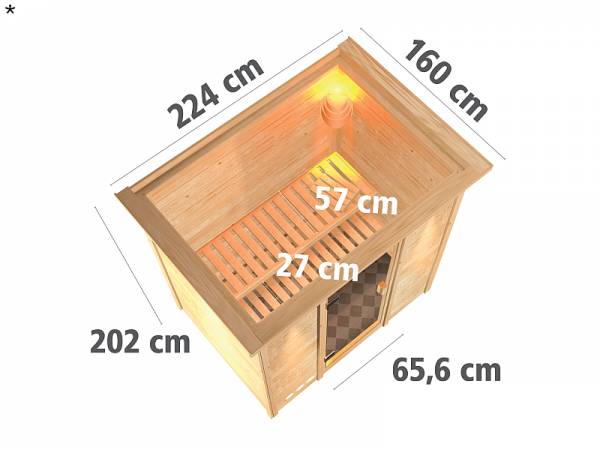 Karibu Woodfeeling Sauna Sonja - energiesparende Saunatür - 4,5 kW Ofen ext. Strg. - mit Dachkranz