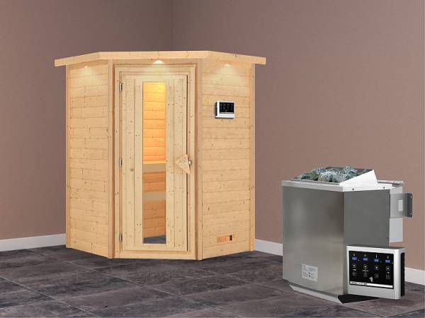 Karibu Woodfeeling Sauna Franka- energiesparende Saunatür- 4,5 kW BIO-Ofen ext. Strg- mit Dachkranz