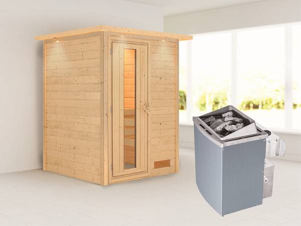 Karibu Woodfeeling Sauna Svenja- energiesparende Saunatür- 4,5 kW Ofen integr. Strg- mit Dachkranz