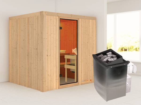 Karibu Sauna Sodin 68 mm- klassische Saunatür- 4,5 kW Ofen integr. Strg- ohne Dachkranz