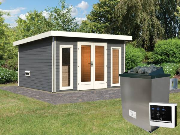 Karibu Saunahaus Mainburg 2 Set B terragrau -9 kW Ofen ext. Steuerung-