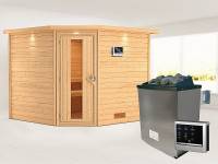 Karibu Sauna Leona 38 mm mit Dachkranz- 9 kW Ofen ext. Strg- energiesparende Tür