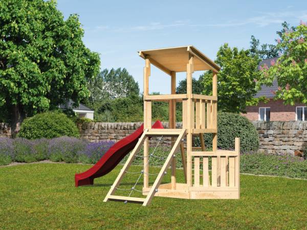 Akubi Spielturm Anna + Rutsche rot + Netzrampe + Schiffsanbau unten Akubi Spielturm Anna + Rutsche rot + Netzrampe + Schiffsanbau unten