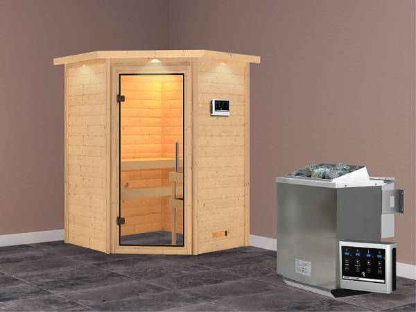 Karibu Woodfeeling Sauna Franka - Klarglas Saunatür - 4,5 kW BIO-Ofen ext. Strg. - mit Dachkranz