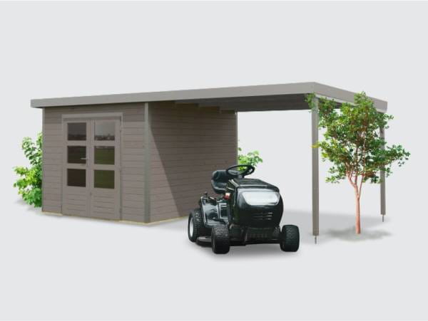 Osb smart choice Hybrid Gartenhaus Woodtallic D, wassergrau/staubgrau im Set mit Fußboden, inkl. 3 m Anbaudach